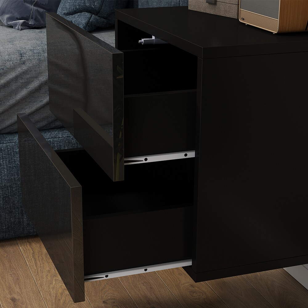 Vicco Nachtschrank Sofie 49,6 x 45 cm, Schwarz Hochglanz, 2 Schubladen