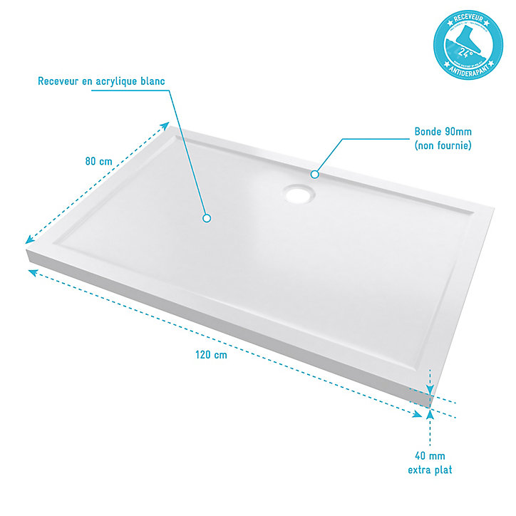 Receveur de douche à poser extra-plat 80 x 120 cm, blanc, Galedo Pure 2