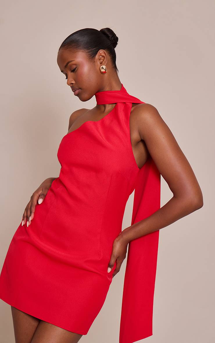 Rouge Robe Courte Asymétrique Tissée Avec Détail Foulard