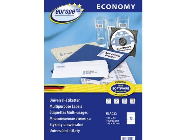 Europe 100 ELA022 Universelle etiketter 105 x 57 mm Papir Hvid 1000 stk Permanent vedhæftningsevne Inkjetprinter, Laserprinter, Farvelaserprinter, Ko