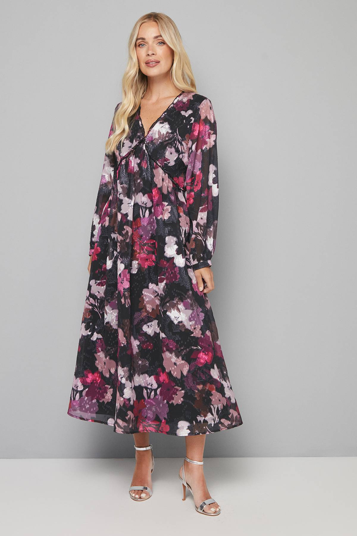 Wallis Robe Midi à Volants en Jacquard Fleuri Petite Taille