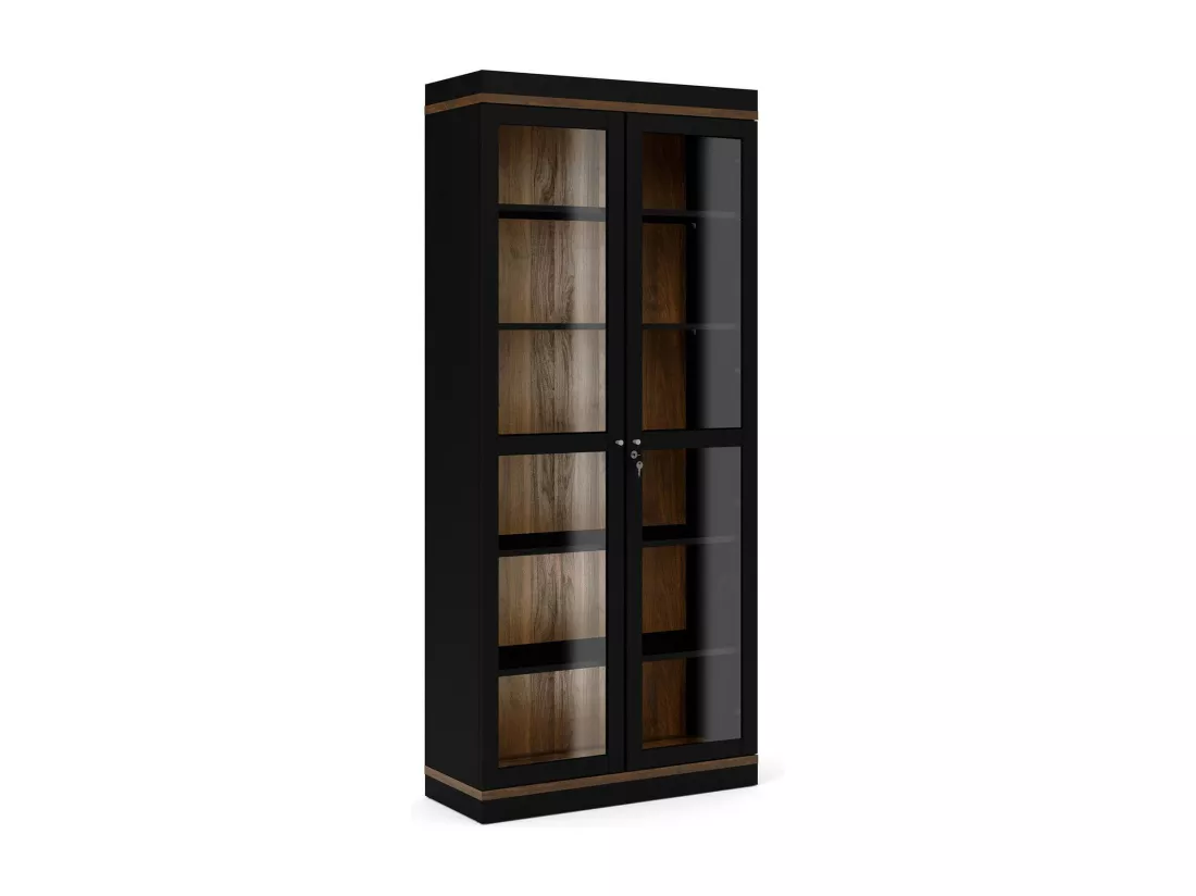 Vitrine Dvazque, Buffet d'exposition, Vitrine polyvalente, Buffet de salon, 89x36 h200 cm, Noir et Noyer