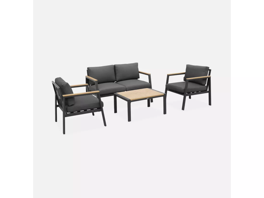 Salon de jardin Casoria. gris foncé. aluminium et polywood 4 places. 1 canapé. 2 fauteuils. 1 table basse