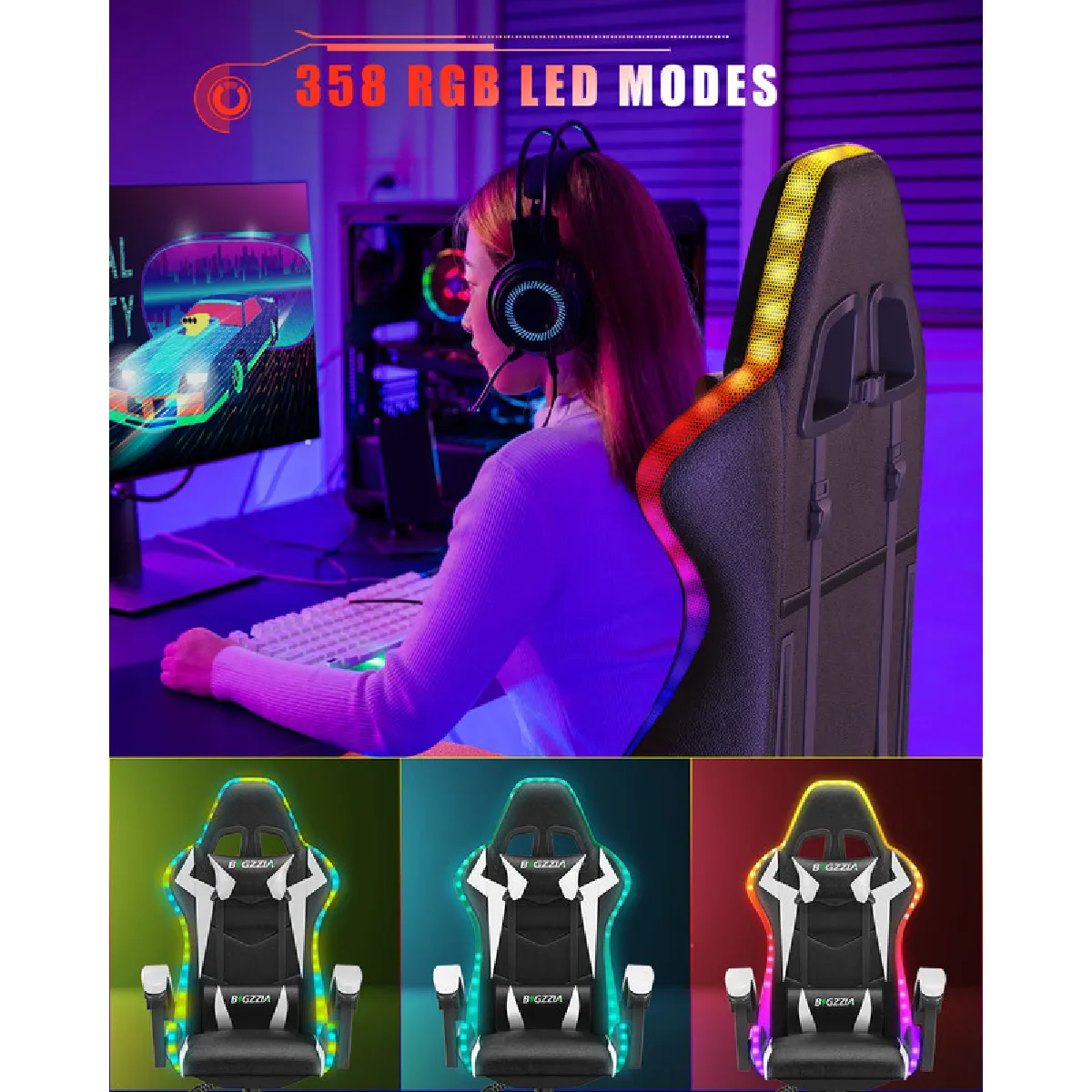 RATTANTREE Chaise Gaming LED - Noir et Blanc