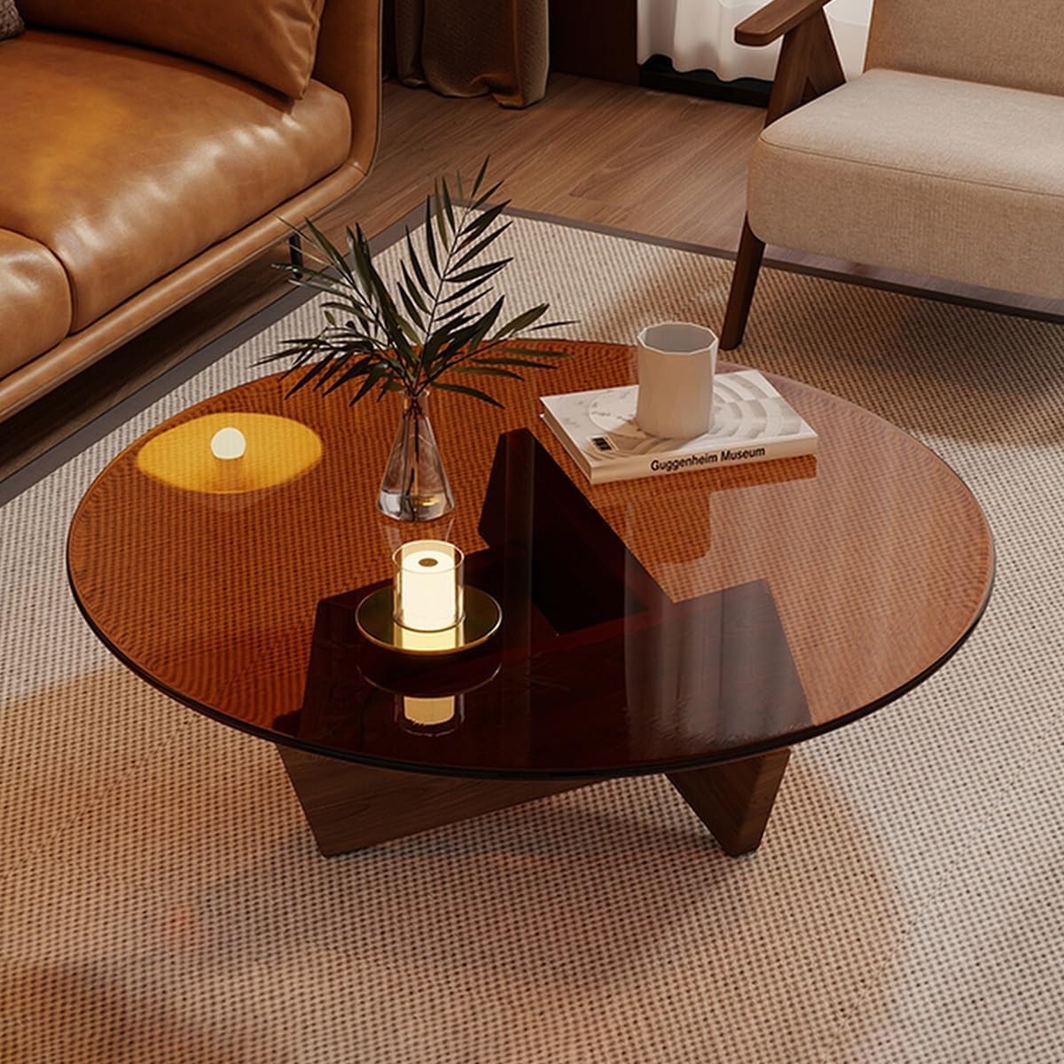 Couchtisch Rund Glas, Wohnzimmertisch, Zentraler Wohnzimmer-Couchtisch, Tischbeine Aus Massivholz, Minimalistisches Design für Wohnzimmer Oder Büro(Black,W80xH31cm/31x13in)