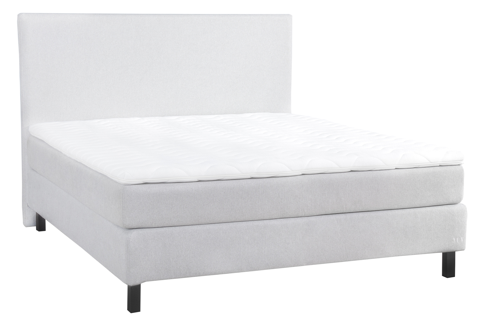 Komfort 3 kontinentalseng 180x200 cm i tekstil Primo lys grå 84 med fast/fast fasthet, Komfort 3 overmadrass og firkantet sorte ben 15 cm