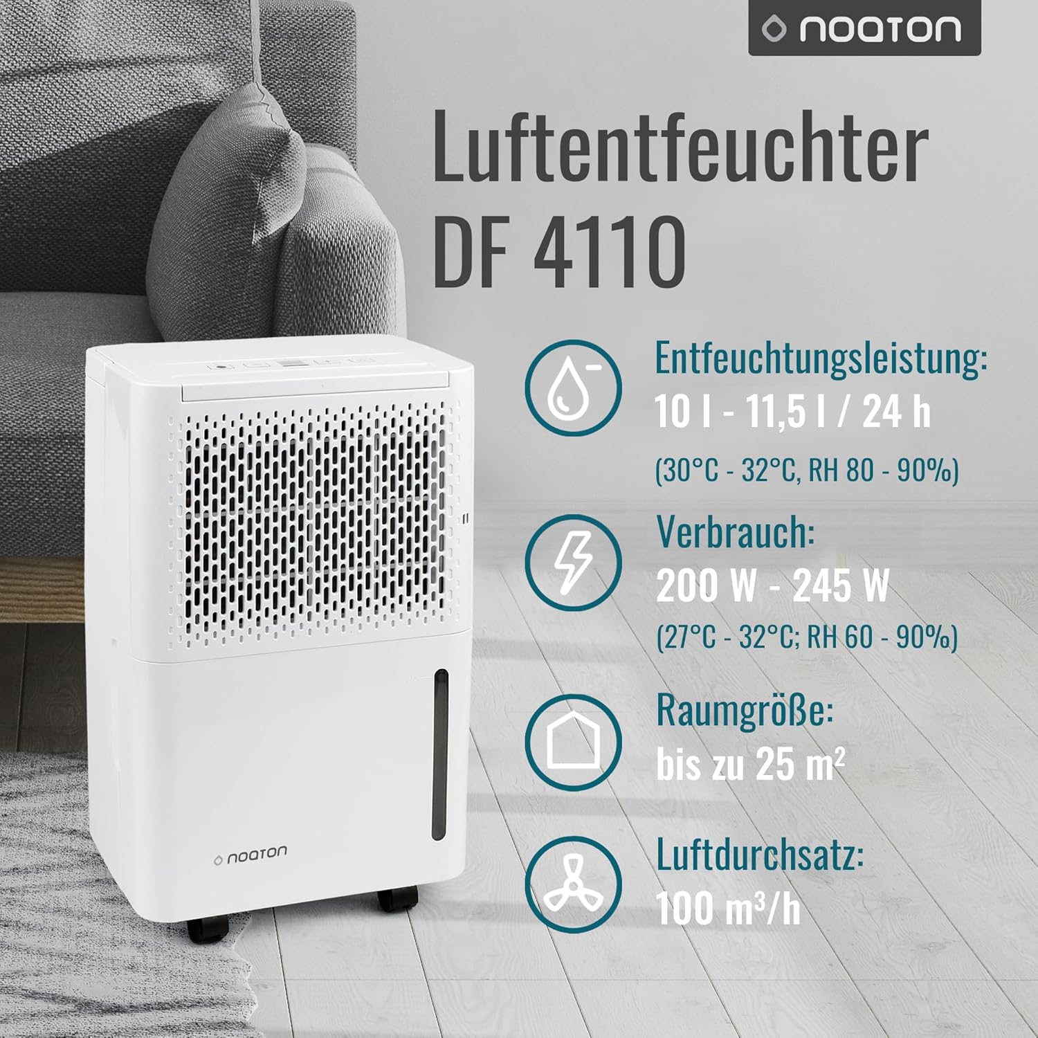 Déshumidificateur Noaton DF 4110, max 11.5L/24h, taille de la pièce env. 65 m³ (~25 m²), 230 W, réservoir d'eau de 2.1l, tuyau d'évacuation, minuterie, avec capteur d'humidité - Contre la moisissure