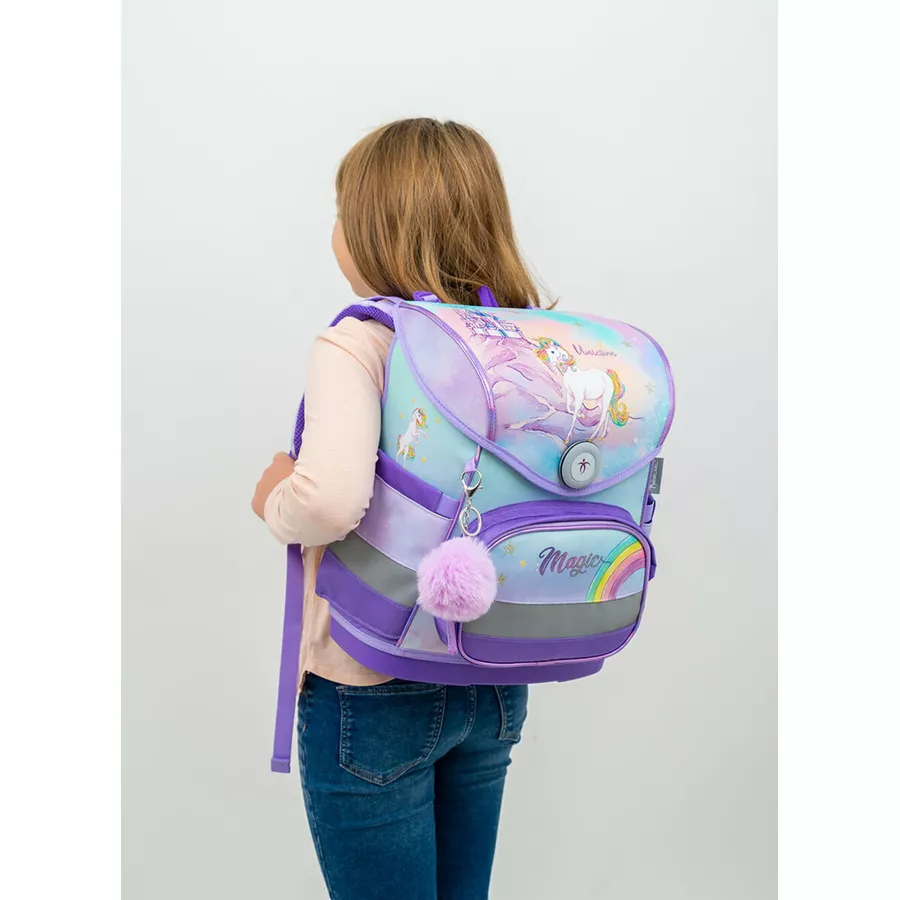 Belmil Schulranzen Compact Schulranzen Set 4-teilig mit Brustgurt Rainbow Unicorn Magic