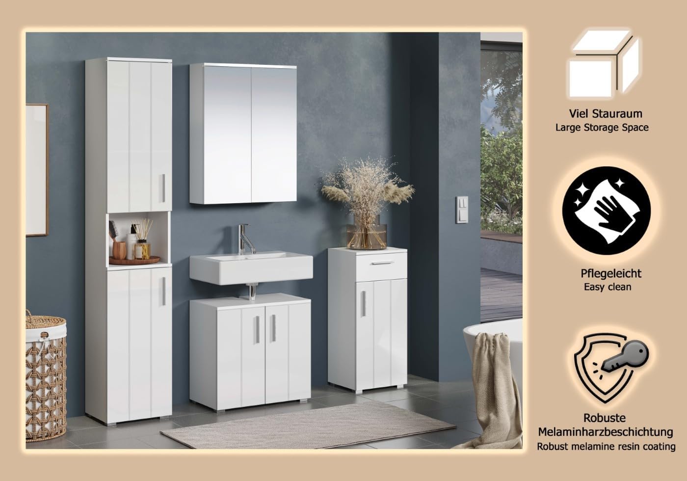 trendteam smart living - 4-teilige Badezimmerkombination Badmöbel - Badezimmer - Wons - Aufbaumaß (BxHxT) 164 x 192 x 32 cm - Farbe Weiß Hochglanz - 220790101