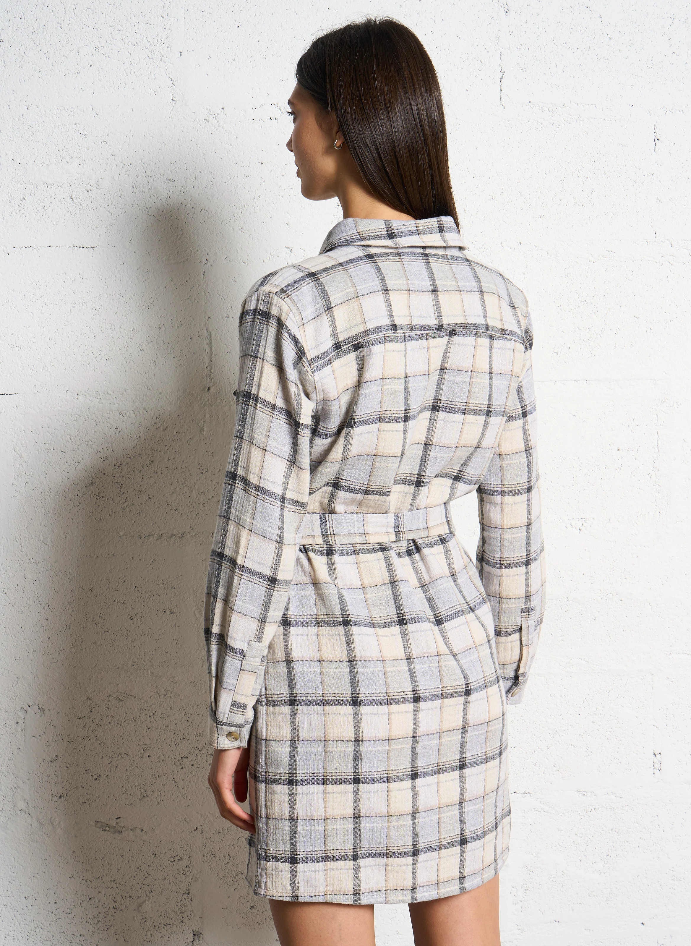 MAUD - Robe chemise droite à carreaux en coton mélangé | Gris