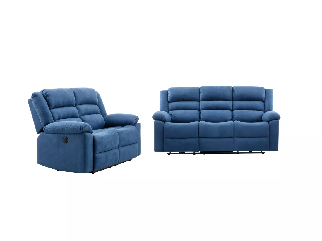 Canapé 3 places et 2 places relax électrique en tissu bleu BUROLO