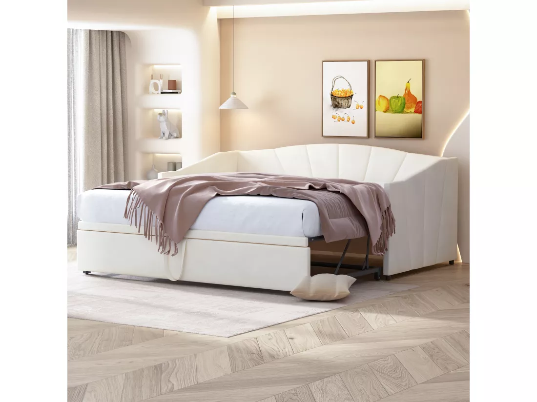 Lit gigogne en velours 180x200 cm - sommier à lattes - Beige