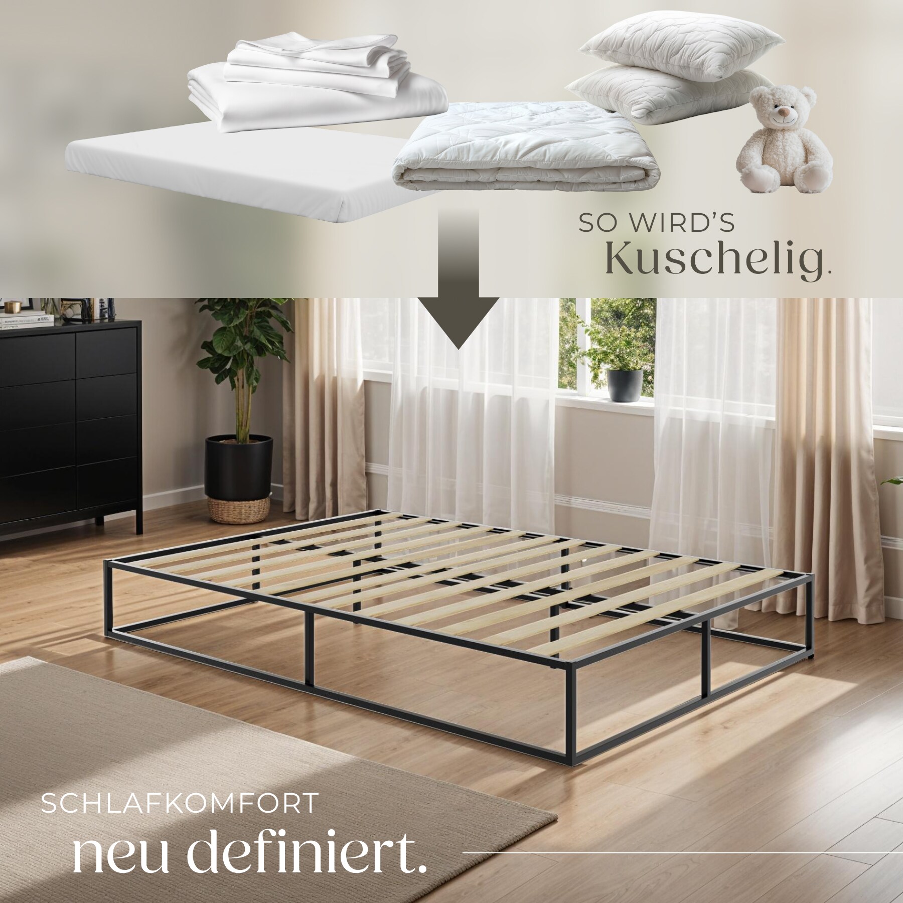 tectake® Bett, robustes Stahlgestell, zeitloses Design, Plattformgestell mit Unterbettstauraum, Belastbarkeit 250 kg, bodenschonende Kunststoffkappen