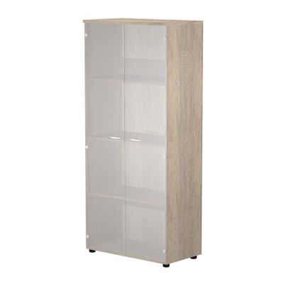 Bibliothèque haute Trend - L80xP35xH180 cm - 2 portes en verre dépoli - imitation chêne canadien