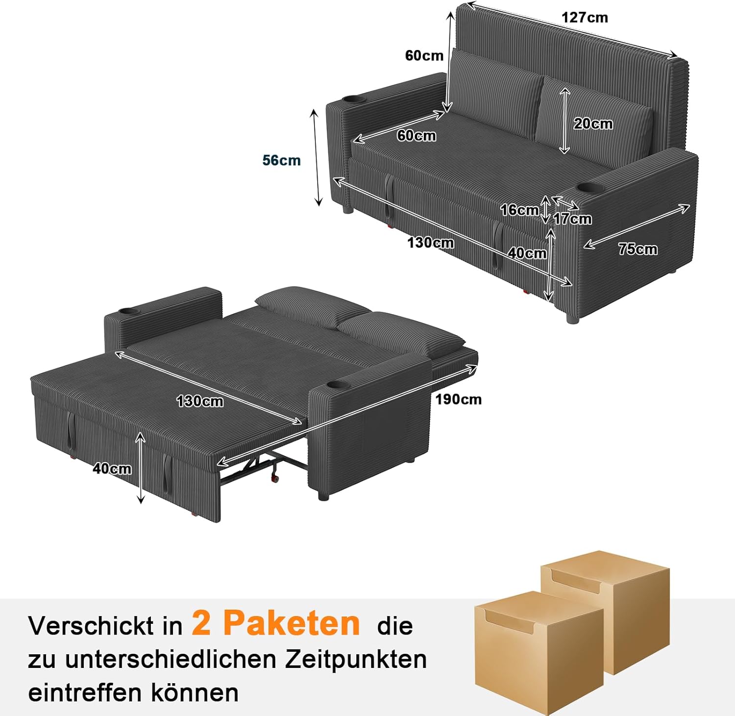 Devoko Sofa mit Schlaffunktion, Schlafcouch Ausziehbar mit Verstellbarer Rückenlehne, Schlafsofa Klein Klappsofa Sofa 2 Sitzer für Wohnzimmer & Schlafzimmer, Grau