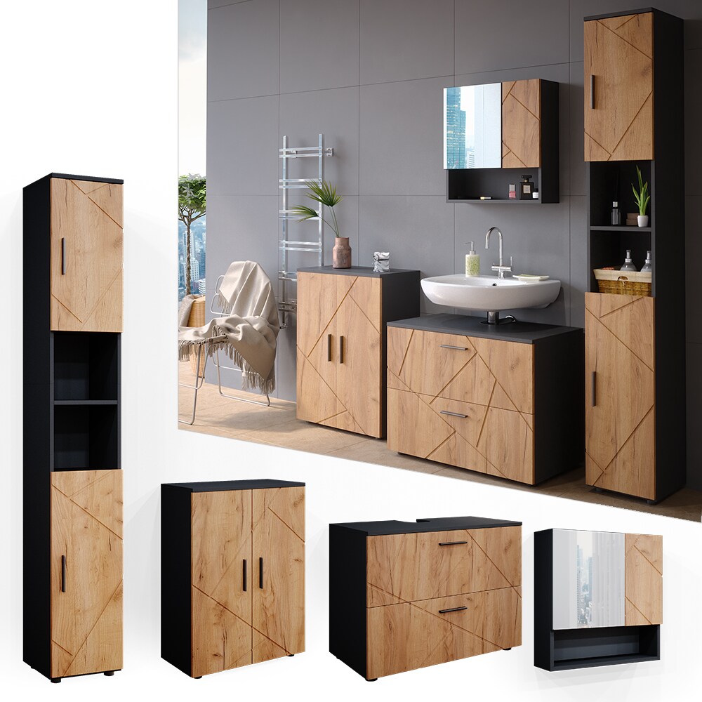 Vicco Badmöbelset Unterschrank Spiegel Badschrank Hochschrank Irma Anthrazit Eiche Badmöbel