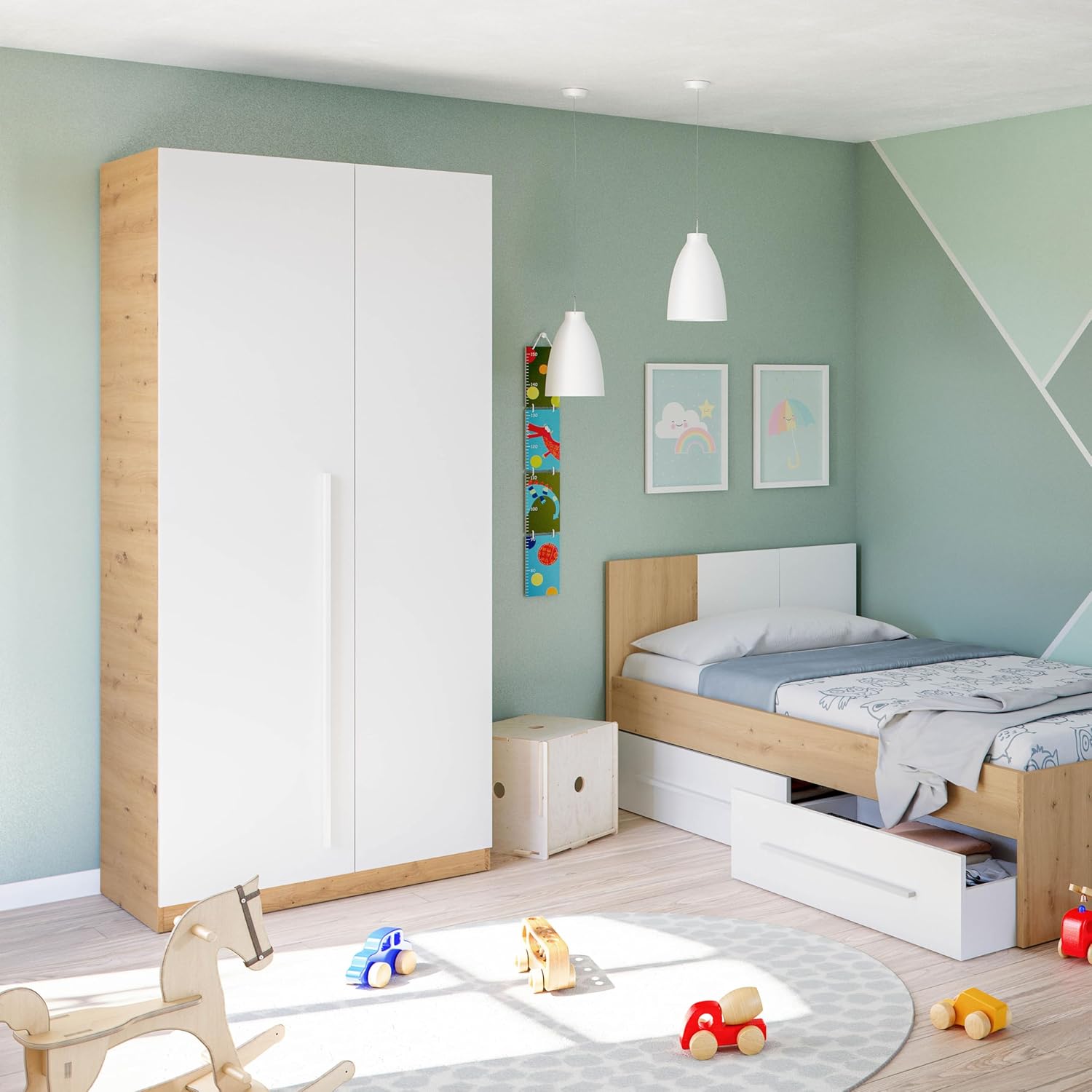 Habitdesig, Kinderschrank mit 3 Drehtüren – moderner Kleiderschrank für Kinder- oder Jugendzimmer in Arktisweiß und Eiche Nodi, viel Stauraum, Maße: 90 x 200 x 52 cm (B x H x T), Modell Noa