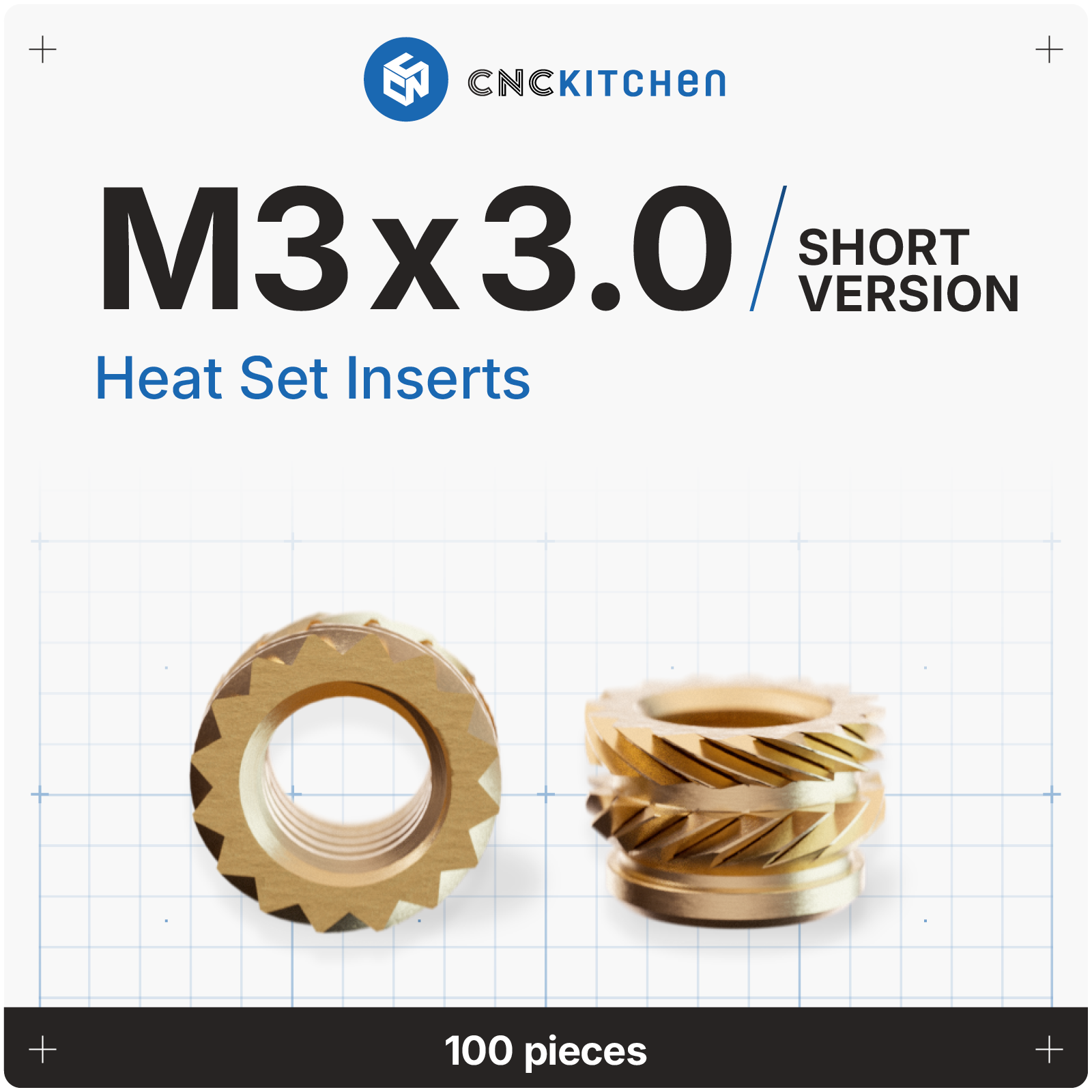 CNC Kitchen  Gewindeeinsatz M3 Kurz, M3x3.0 (100 Stk)    Präzisionsgefräste Inserts aus Messinglegierung