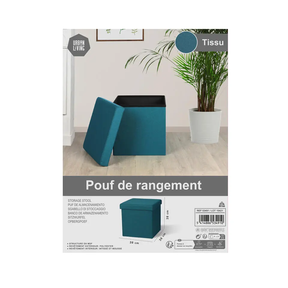 Urban Living poef/hocker/opbergbox - zeeblauw - mdf/stof - 38 x 38 cm