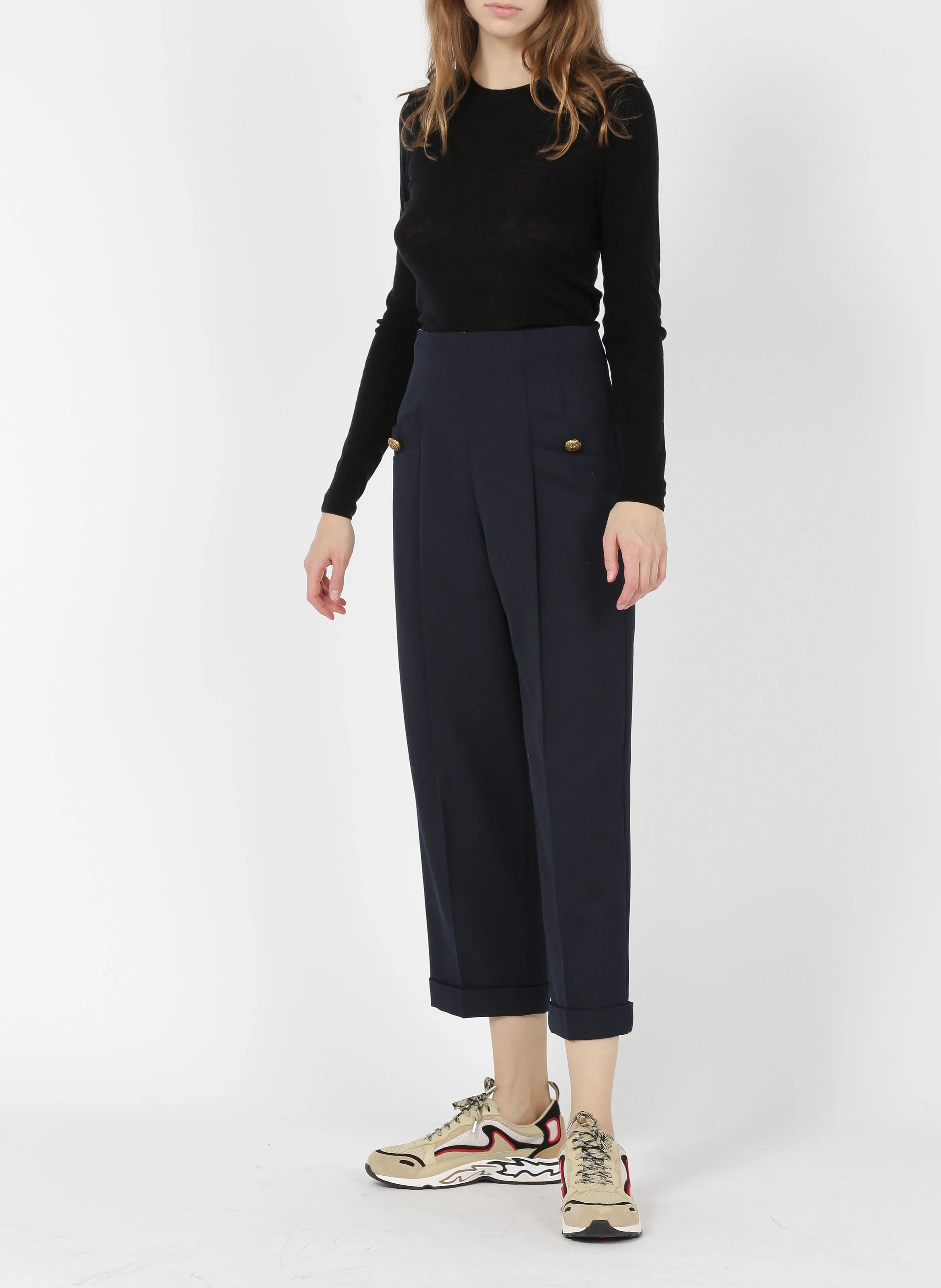 Pantalon large en laine mélangée | Bleu