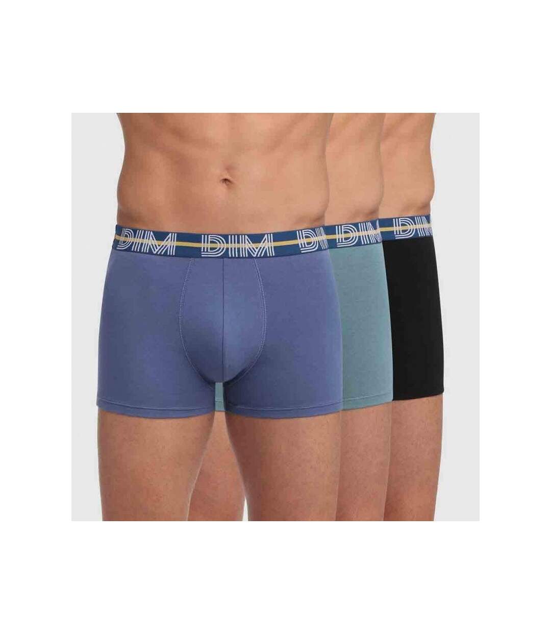 DIM Lot de 3 Boxers Homme Coton POWERFULL Bleu Jacinthe Vert Viride Noir