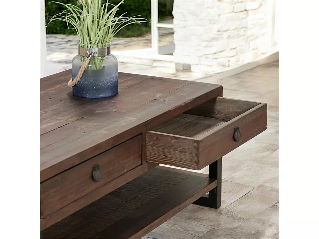 Table basse bois recyclé double plateau 2 tiroirs SAMOA