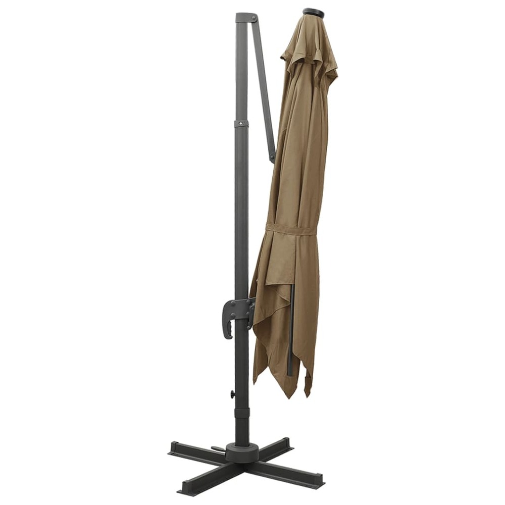 Parasol meuble de jardin déporté avec mât et lumières led 300 cm taupe