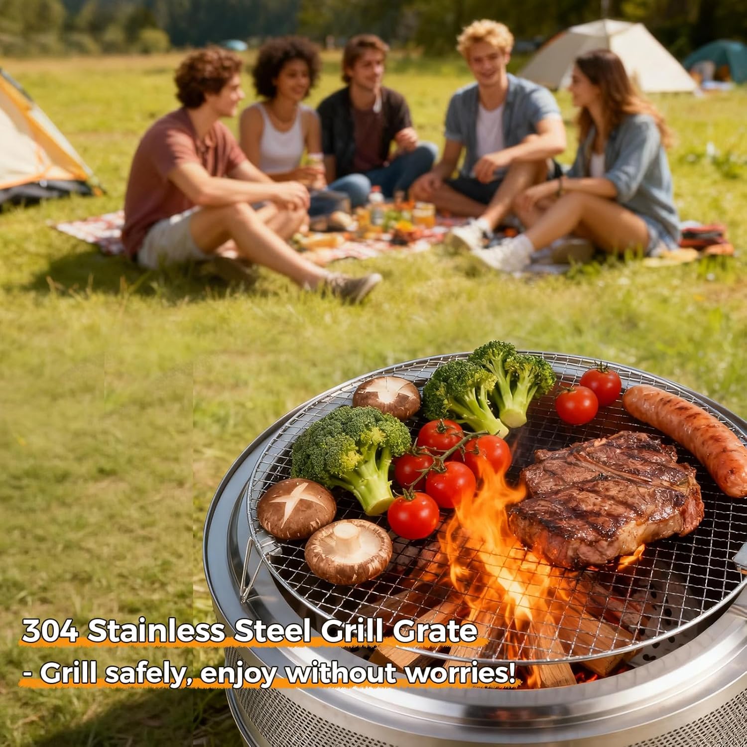 SMOOL 50cm Rauchfreie Feuerschale mit Grillrost + Schürhaken + Mehrzwecktasche, Abnehmbarer Aschekasten, Edelstahl Feuerstelle für Terrasse, Garten, Camping & Outdoor, Tragbar, Raucharm