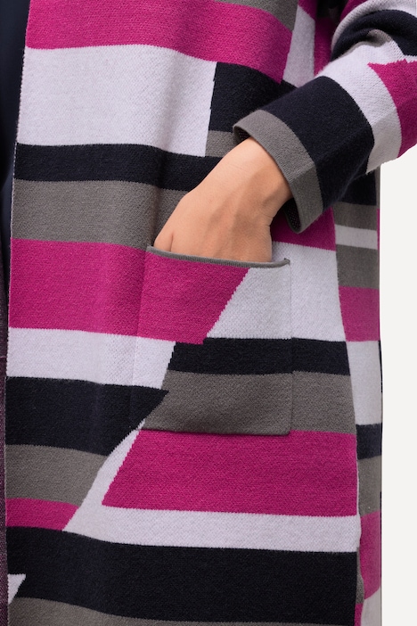 Strickjacke, Jacquard, offene Form, Kelchkragen