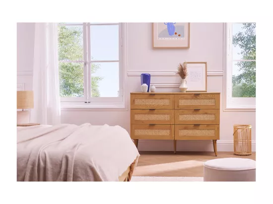 Commode finition bois clair, cannage en rotin et métal noir 3 tiroirs L120 cm MANILLE