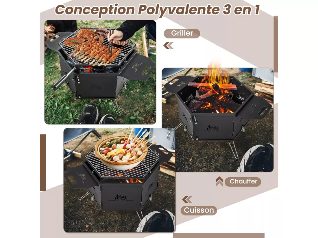 Barbecue de Charbon de Bois Portable avec Grille Rotative à 360°, Barbecue Portable avec Poignées Corps et Pieds Pliables, pour Pique-Nique, CamBoisg, Randonnée