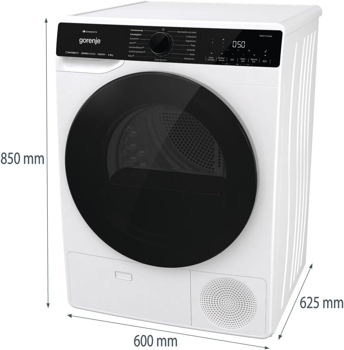 Gorenje DPNA83W Wärmepumpentrockner, 8 kg Kapazität, 15 Programme, ConnectLife WiFi, Auto Drain, Made in EU, Nature Dry, Twin Air, Sportprogramm, Schnellprogramm Energieklasse C