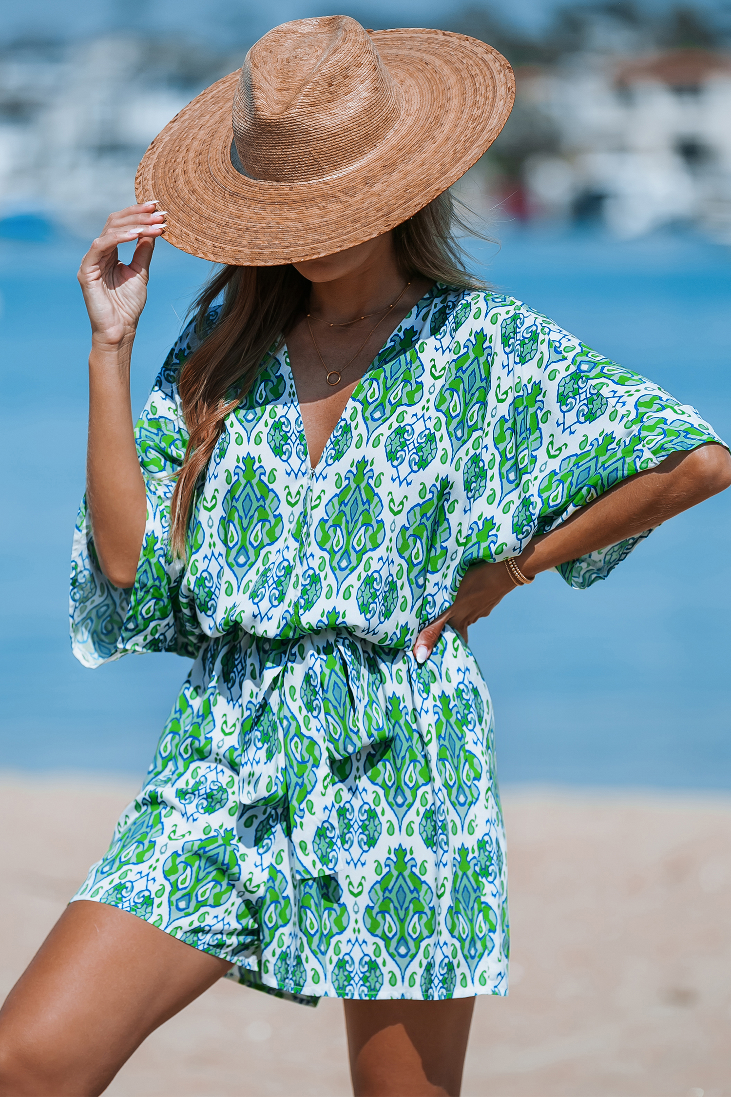 Combishort à jambes larges boho vert