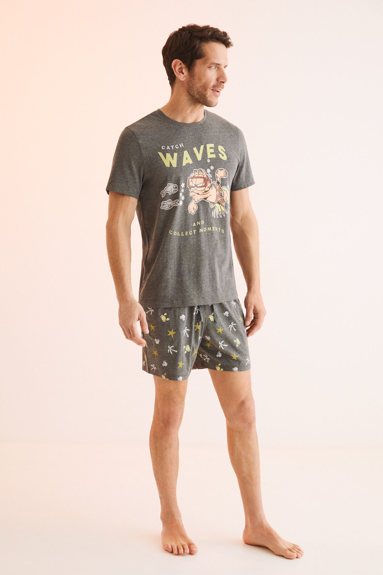 Pijama curto masculino 100% algodão Garfield - cinza