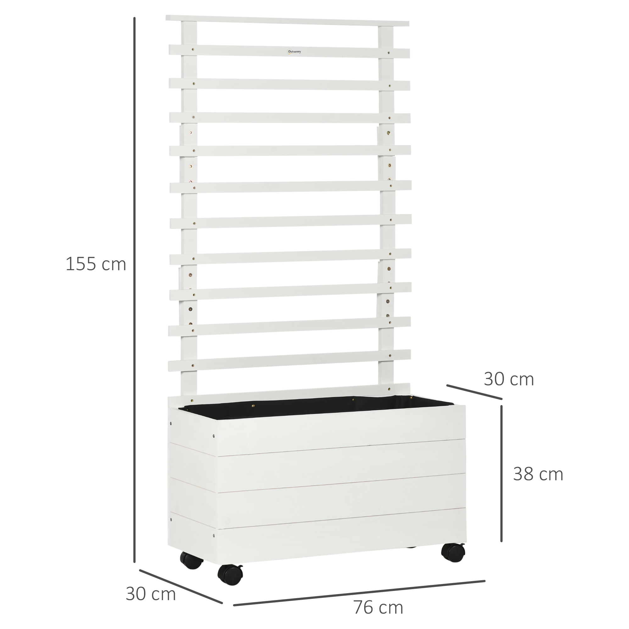 Jardineira de madeira maciça Outsunny com 4 rodas, suporte para plantas trepadeiras e tecido geotêxtil para o cultivo de plantas e flores, 76x30x155 cm, branca.