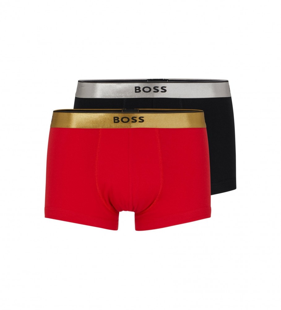 Pacote com 2 cuecas boxer BOSS, vermelhas e pretas.