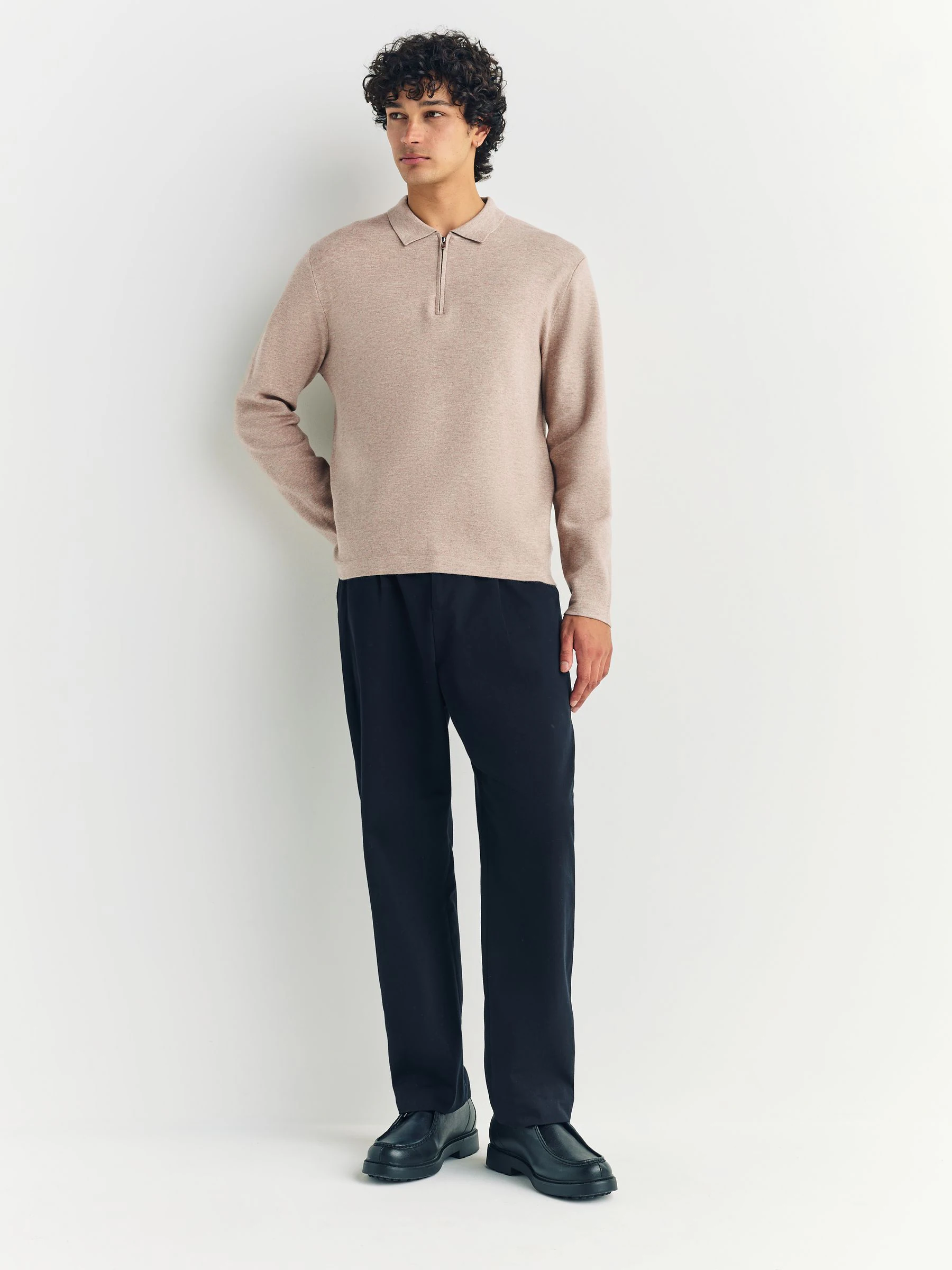 Moutkleurig - Half met rits - Regular Fit Premium Mid Weight Long Sleeve Knit Polo Shirt