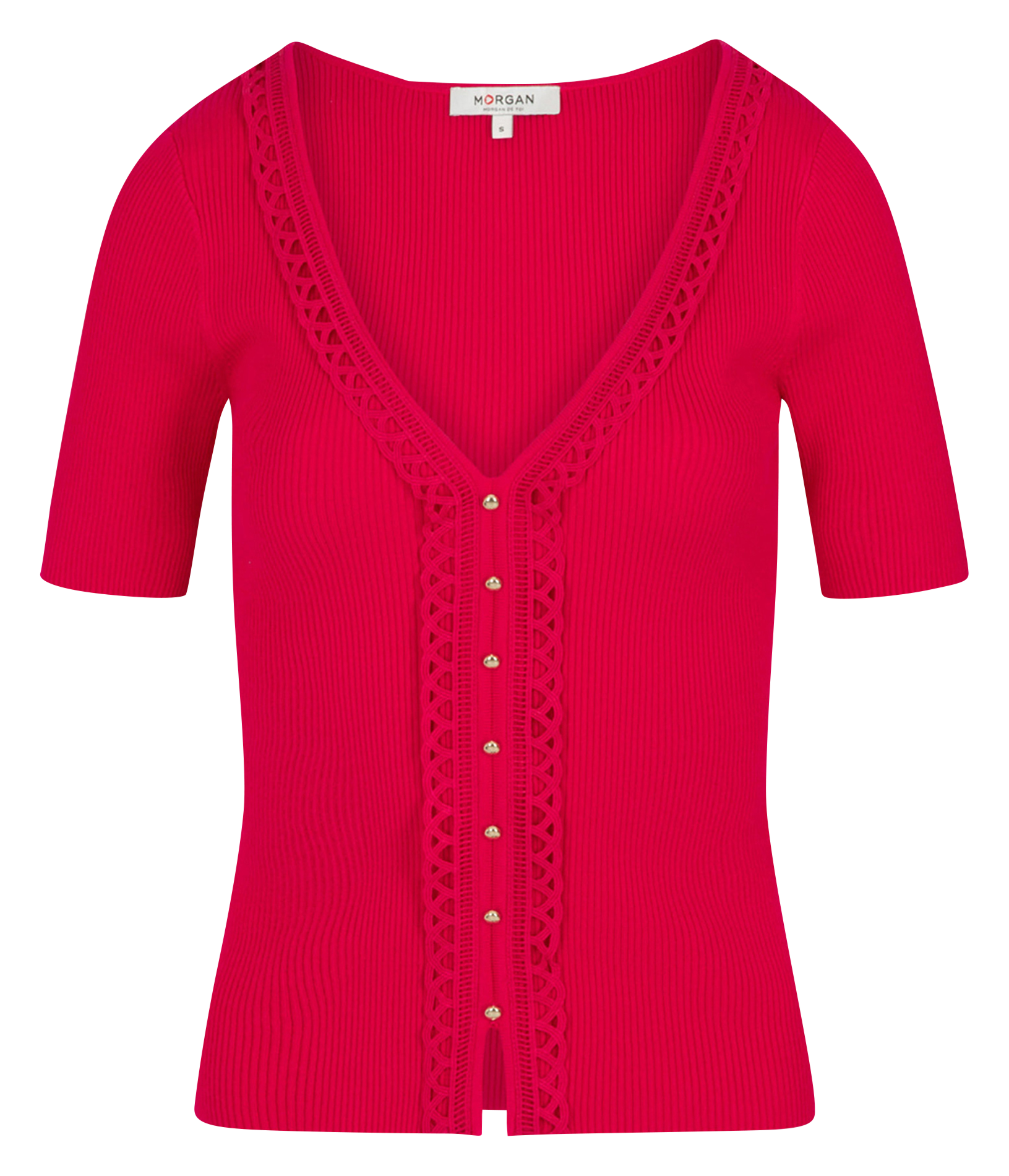 MIGUI - Pull ajusté manches courtes côtelé | Rose