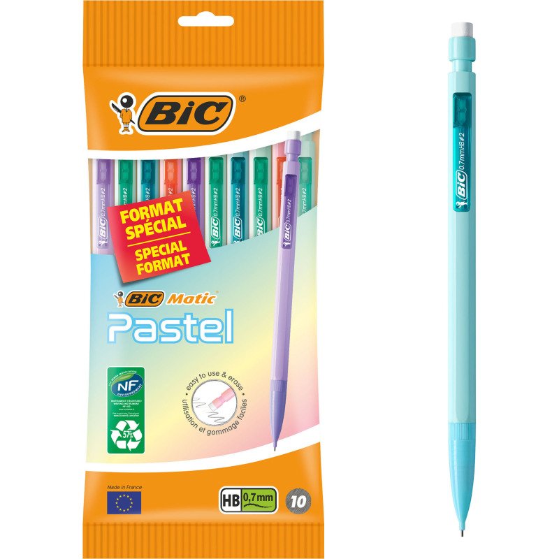 Portemine Bic Matic Pastel pointe 0,7 mm HB - Pochette de 10 assorties