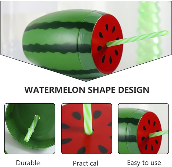 (600ml) Mehrweg Cocktail Trinkbecher Sommer Party Deko Getränke Becher mit Strohhalm - Wassermelone