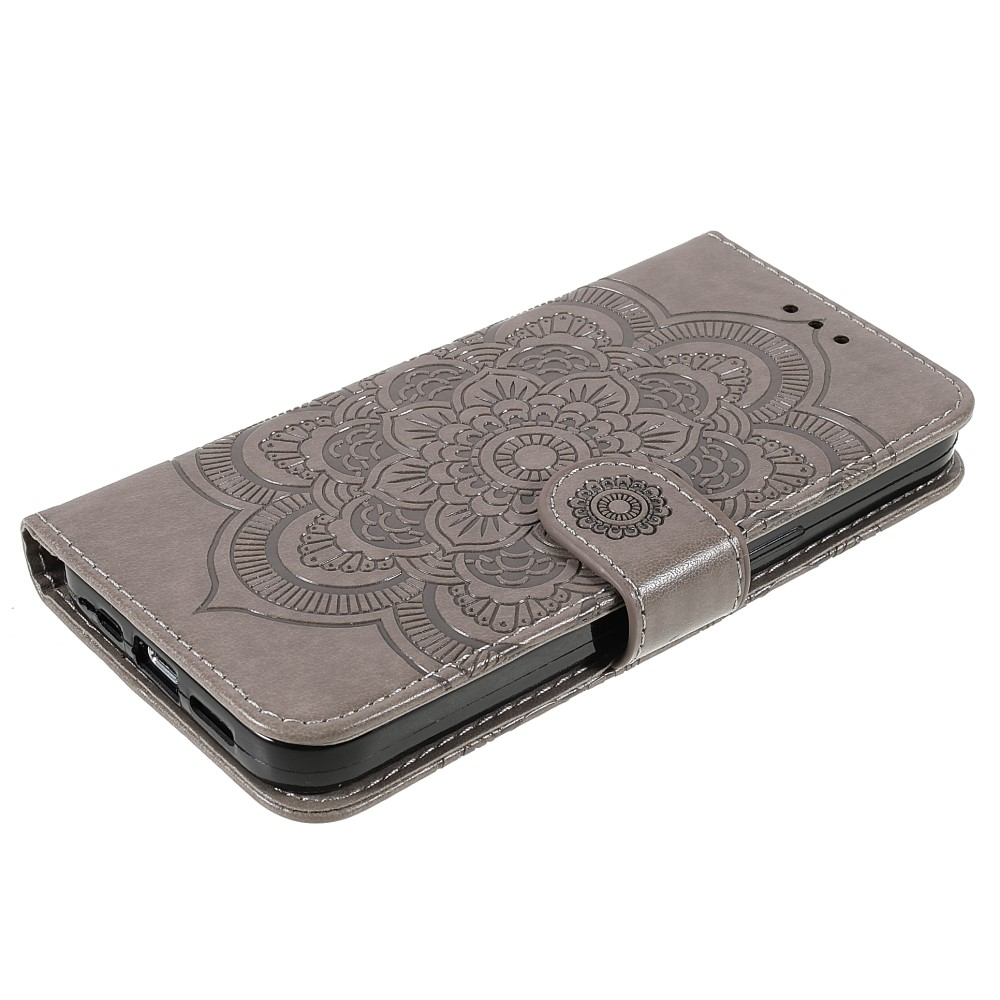 iPhone 13 Pro Leder Tasche Wallet - Mandala Flowers Imprint - Grau