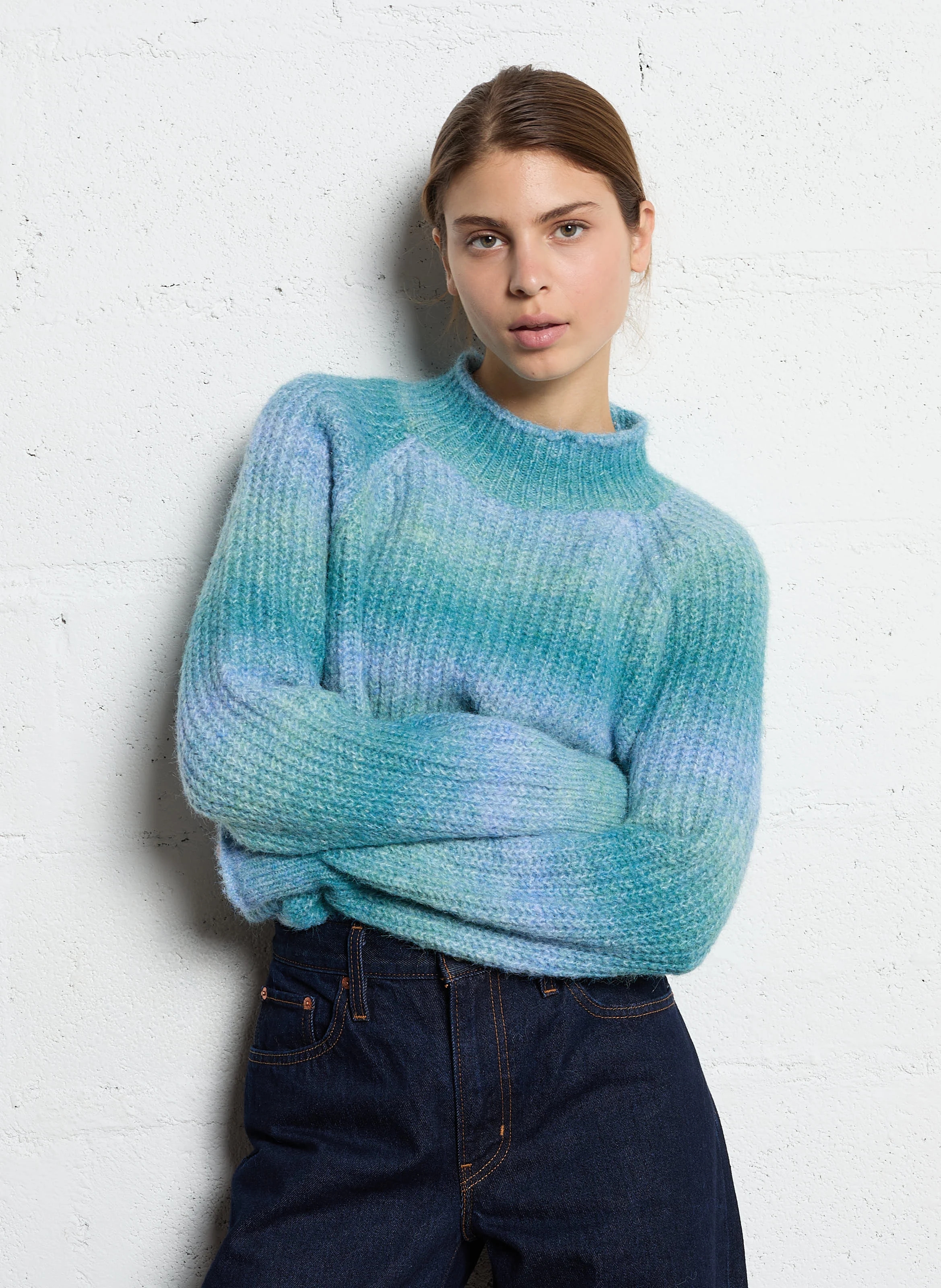 Pull col rond en maille rayé | Bleu