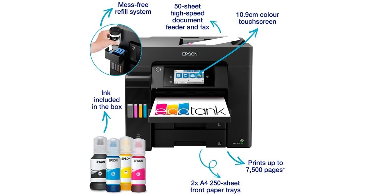 EpsonEcoTank ET-5850 all-in-one inkjetprinter met faxfunctie  (Zwart, Scannen, Kopiëren, Faxen, LAN, Wi-Fi)
