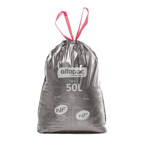 Sacs poubelle 50L PEBD NF argent/noir 28µ liens coulissants Alfapac
