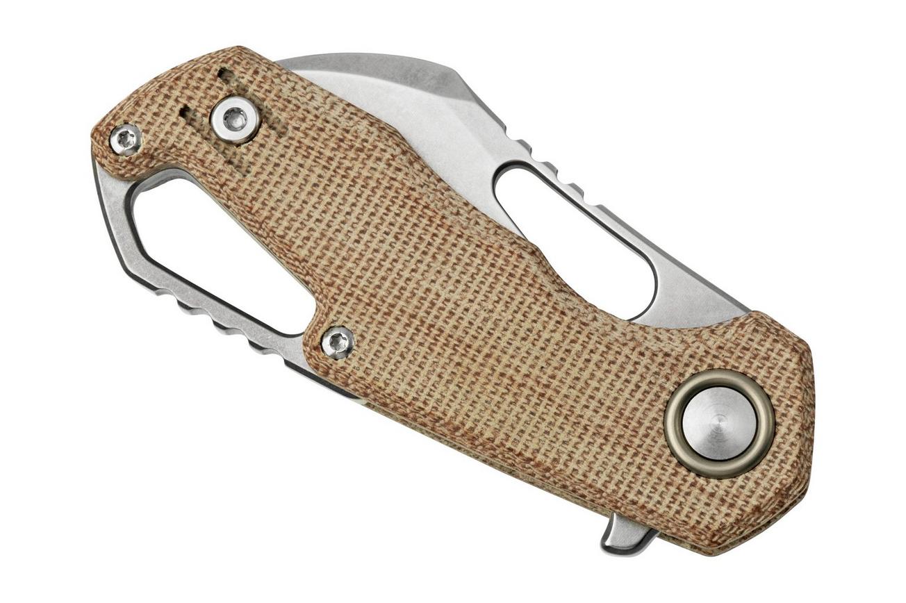 MKM Isonzo FX03M-1NC Hawkbill M390, Natural Canvas Micarta zakmes, Jesper Voxnaes design