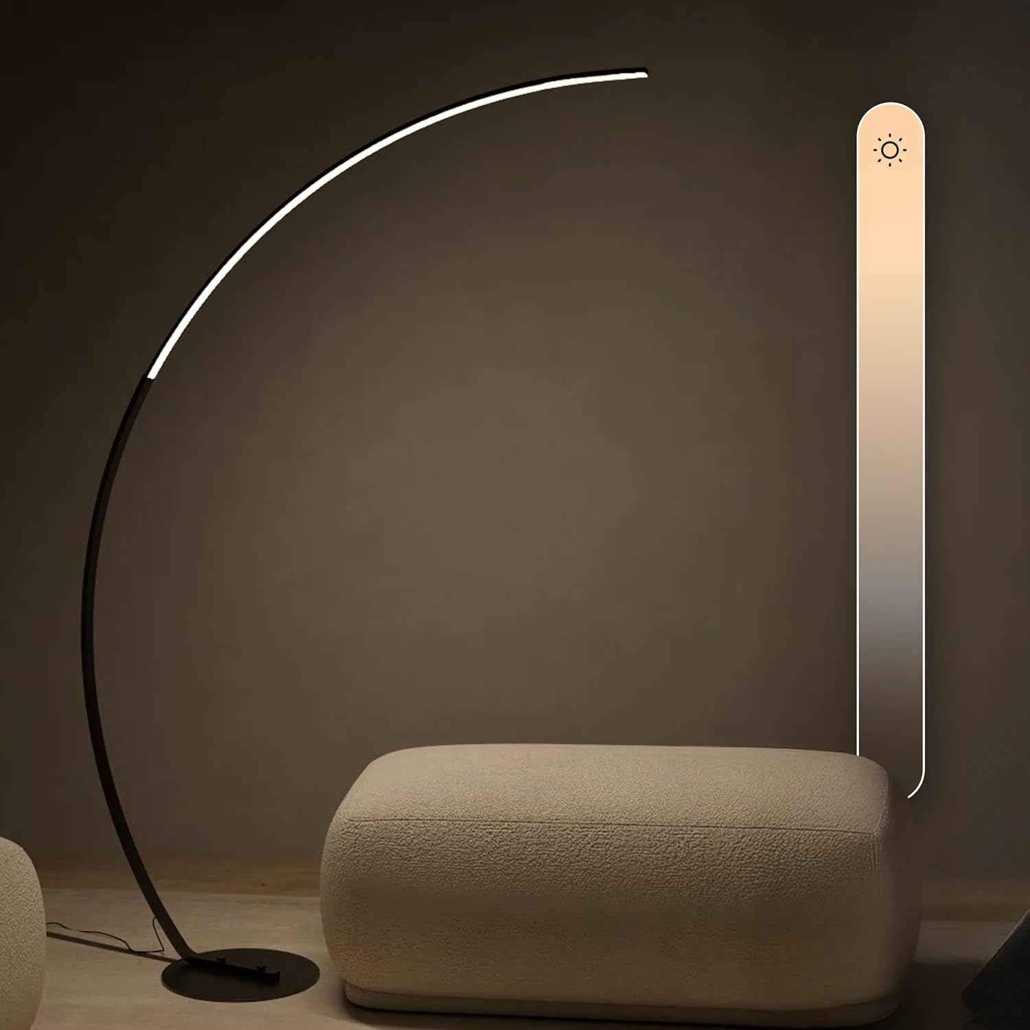 NEONA ICARUS Bogenlampe LED dimmbar – XXL Stehlampe in Schwarz, 2258 Lumen, 2700K Warmweiß, CRI 90, 22W, Fußschalter, Höhe 170cm – Moderne Wohnzimmerlampe