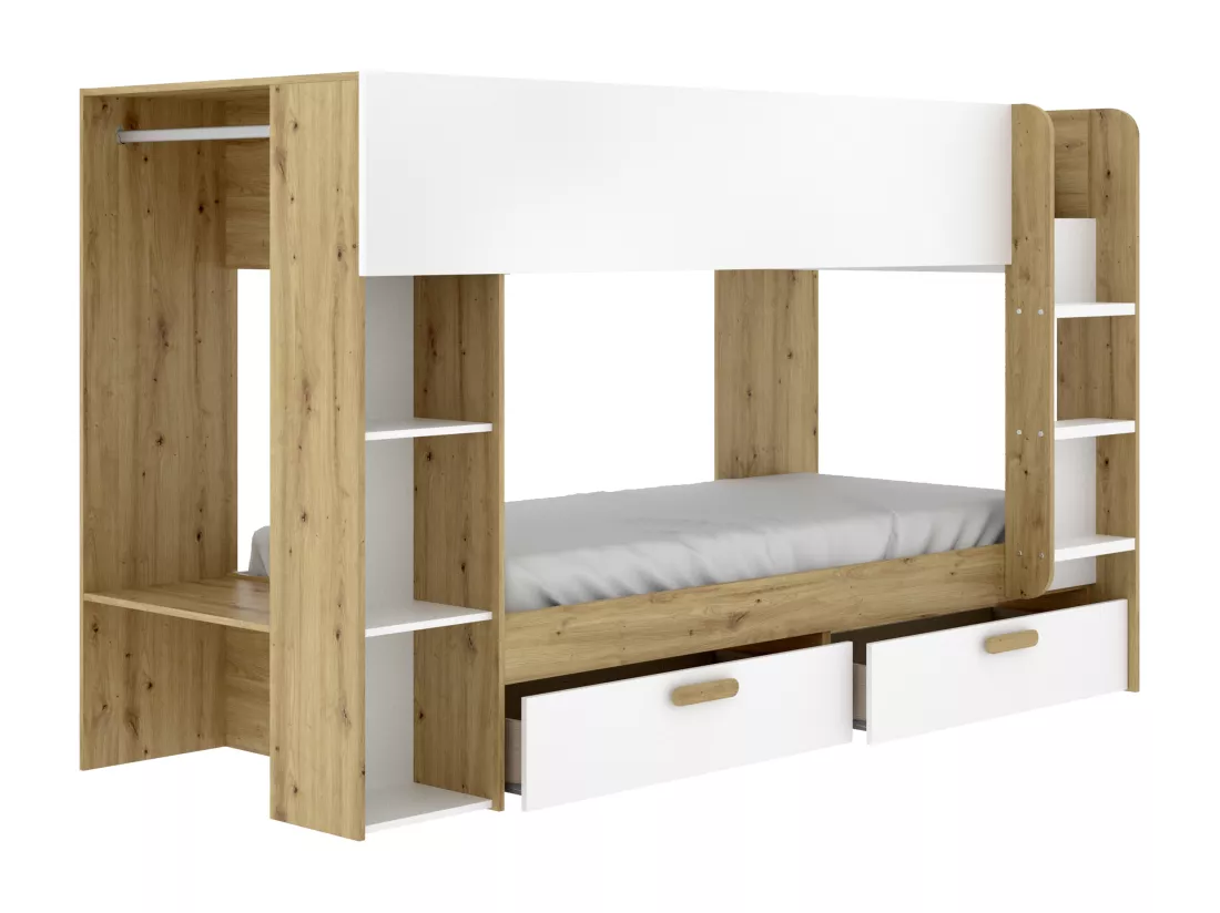 Lits superposés 2 x 90 x 200 cm avec rangements et penderie - Blanc et naturel + Matelas - OZANA