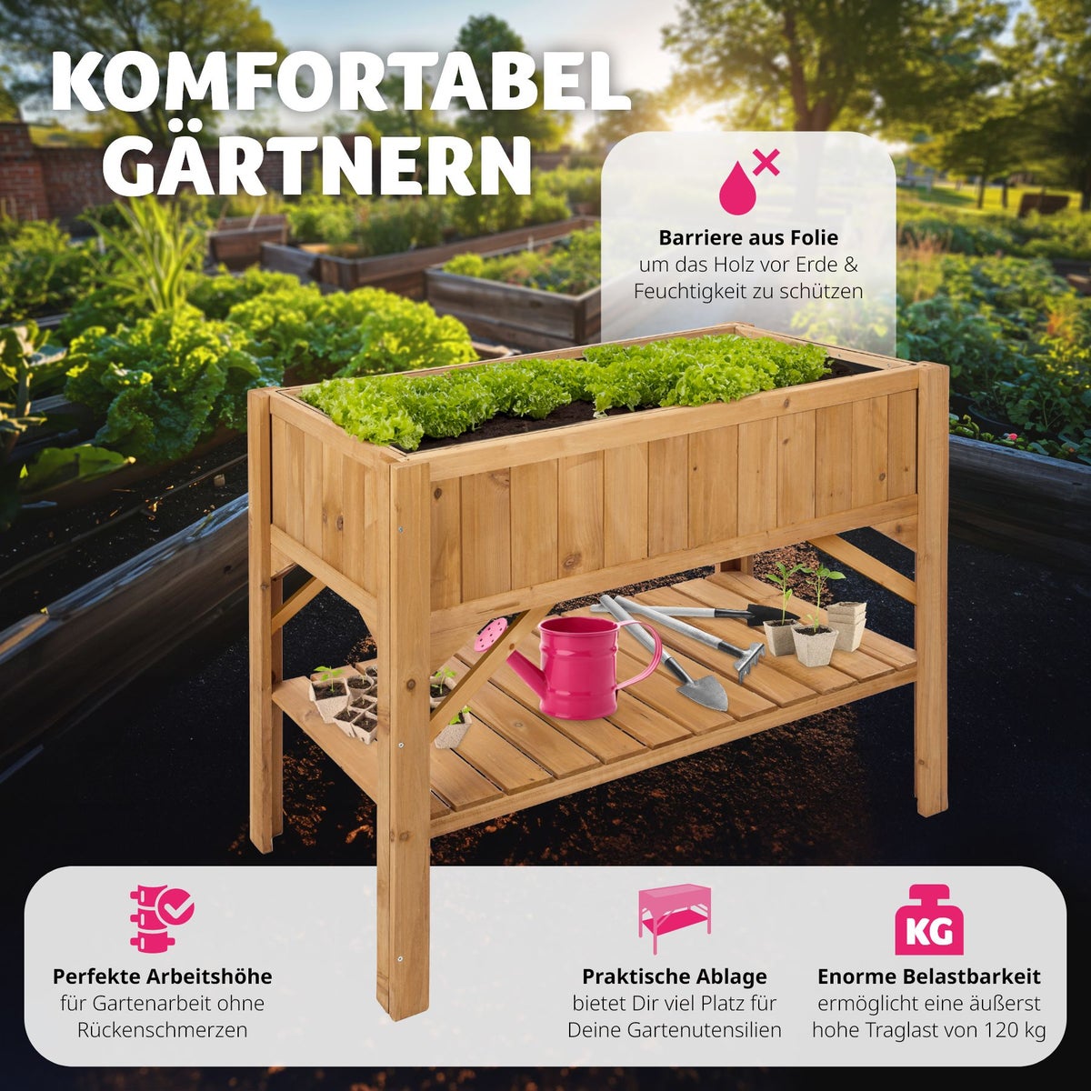 tectake houten verhoogde tuinbak met plank, 119 x 53 x 90 cm