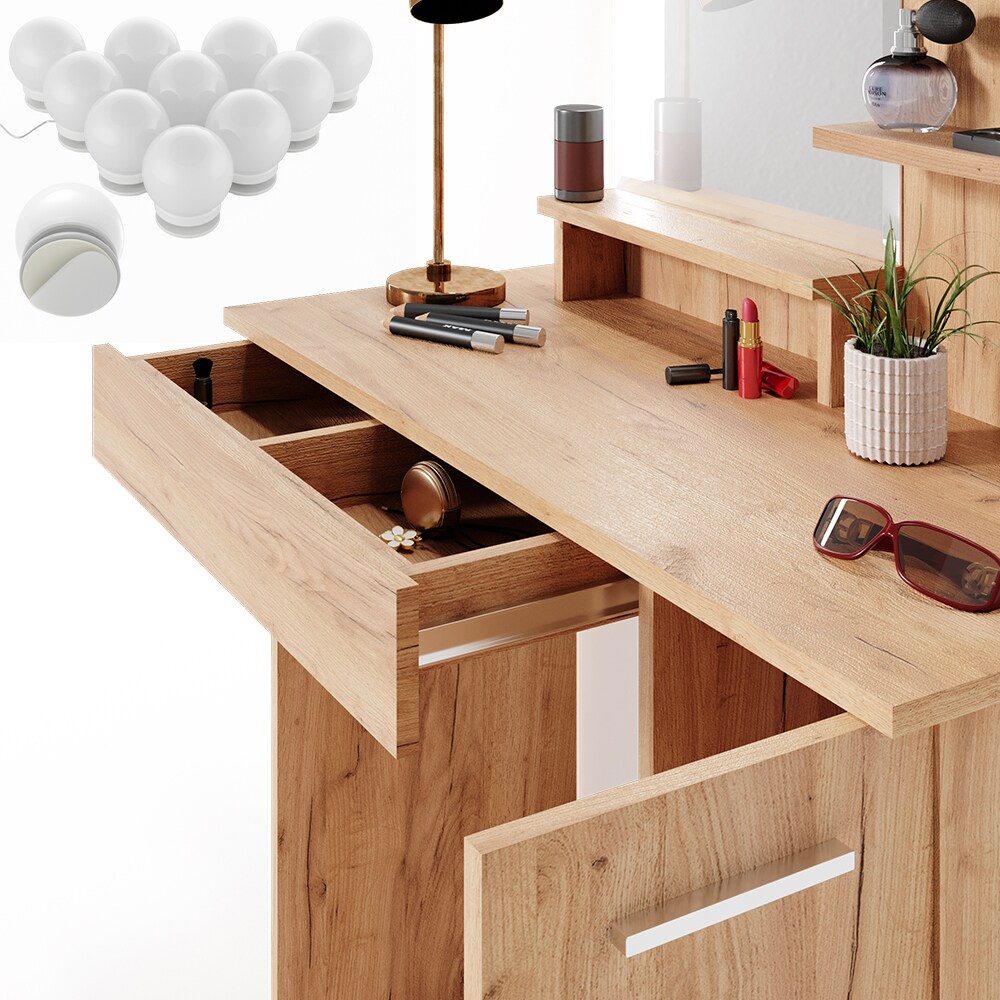 VICCO LED Schminktisch JULIA Frisierkommode Frisiertisch Spiegel Eiche Hocker
