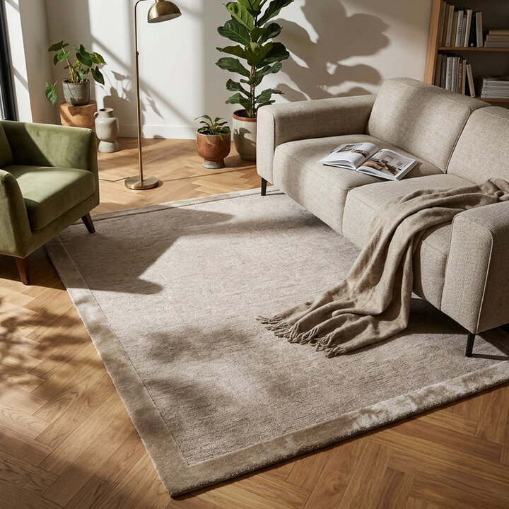 Laagpolig vloerkleed - Elena Border Taupe - Handgetuft